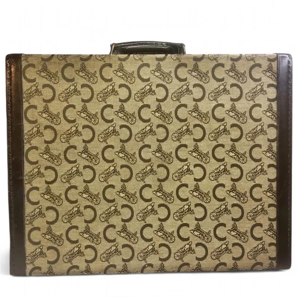 CELINE Brown Leather and Canvas Oversized Briefcase Suitcase Brass Locks 1980’s